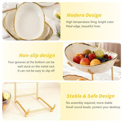 2 Tier Ceramic Fruit Bowl for Kitchen Counter with Metal Rack, Fruit Basket with Stand, Porcelain Bowls for Vegetable Bread Candy Snack Nuts Dessert Cake Tray (Gold 2 layer)