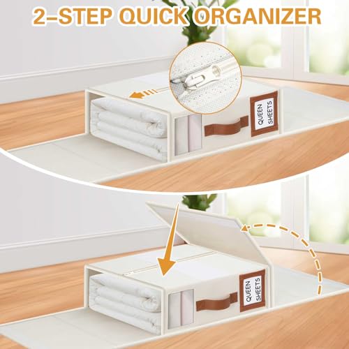 GhvyenntteS Bed Sheet Organizers and Storage 4 Pack (Queen & King Size), Foldable Sheet Organizers and Storage with Window and Label, Bed Sheet Organizer with Leather Handle, Beige