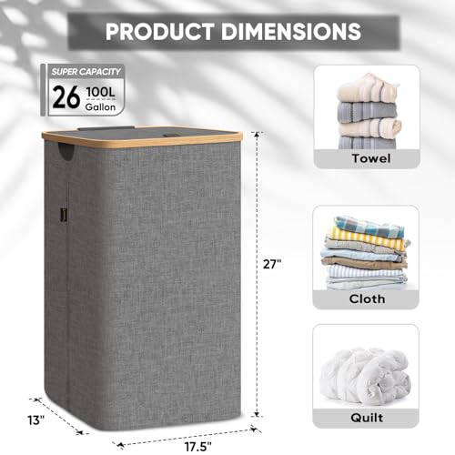 BALEINE Laundry Hamper with Lid, Tall Laundry Baskets with Bamboo Pull Handles, Large Laundry Bin with Internal Support (26 Gal/100L, Beige)