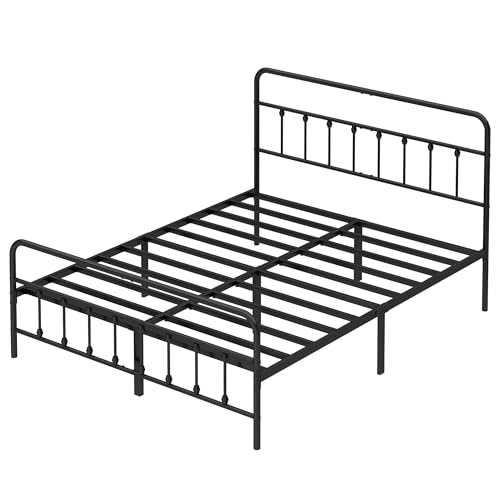 Queen Size Black Metal Bed Frame with Headboard and Footboard, 12 Inch Underbed Storage Space, Heavy Duty Mattress Foundation with Steel Slat Support No Box Spring Needed