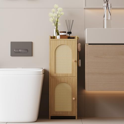 Arbuxzuy Rattan Bathroom Storage Cabinet with 2 Doors and Adjustable Shelf | Oak Corner Floor Cabinet, Narrow Toilet Paper Cabinets with 2Hooks, Toilet Organizer for Small Spaces, 7.87"D*9.84"W*29.72"H