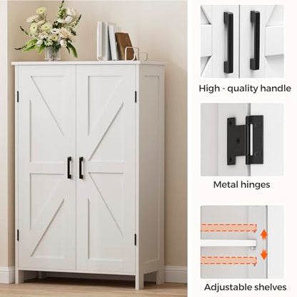 43.3" H Farmhouse Bathroom Storage Cabinet with Adjustable Shelves | Freestanding Storage Cabinet with Barn Doors for Bathroom, Kitchen, Living Room, Dining Room & Entryway, White
