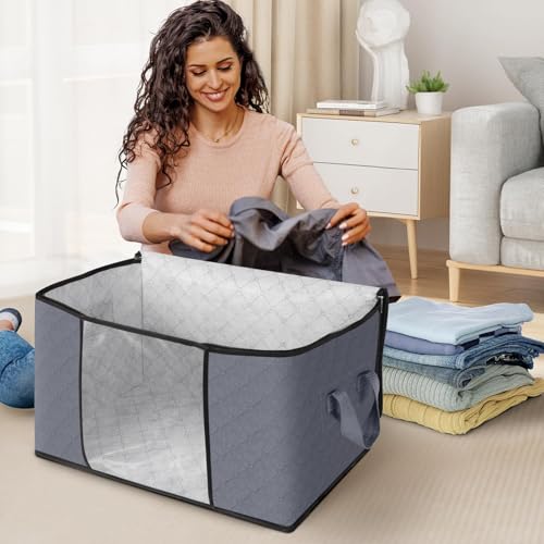 6 Pack Storage Bags for Clothes Blanket Storage Bins with Lids | Foldable Closet Organizers with Zippers,Window and Handles,Fabric Storage Bins for Sweater,Comforter,Bedding,Dorm essentials