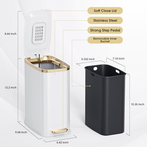CEROELDA Small Bathroom Trash Can with Lid Soft Close-5L/1.3 Gal Stainless Steel Garbage Can-Step Pedal Wastebasket Slim Trash Bin for Office, Bedroom, Toilet, Live Room-White