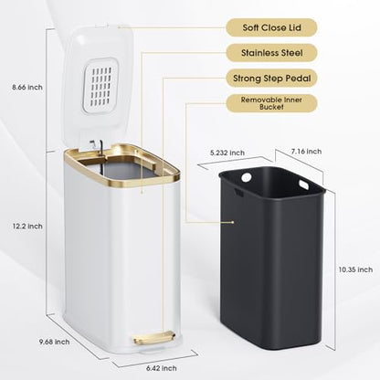 CEROELDA Small Bathroom Trash Can with Lid Soft Close-5L/1.3 Gal Stainless Steel Garbage Can-Step Pedal Wastebasket Slim Trash Bin for Office, Bedroom, Toilet, Live Room-White