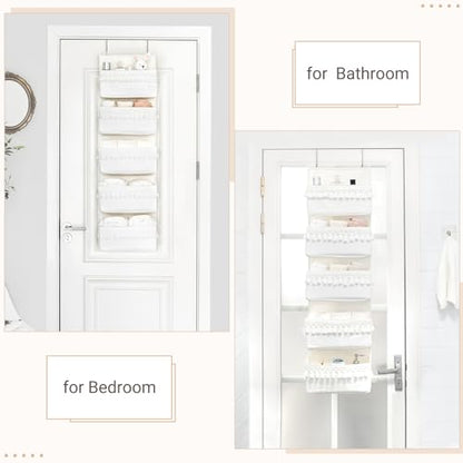 Dahey Over The Door Organizer 5 Pockets Hanging Behind Door Storage, White | Boho Cotton Tassels, Fits 1.77" Door, Space Saving & Big Capacity, Versatile Use, for Nursery Bathroom Bedroom Dorm Decor