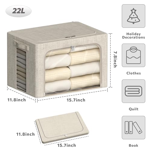 4 Pack Clothes Storage Bins with Metal Frame - 22L Stackable Storage Box with Lid，Foldable Storage Container Organizer for Clothes，Linen Fabric Storage Box with Clear Window＆Zippers＆Handles