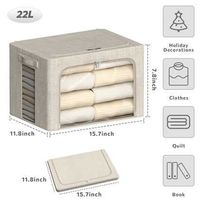 4 Pack Clothes Storage Bins with Metal Frame - 22L Stackable Storage Box with Lid，Foldable Storage Container Organizer for Clothes，Linen Fabric Storage Box with Clear Window＆Zippers＆Handles