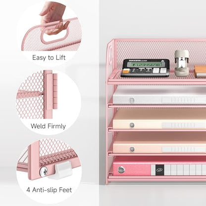 5 Tray Paper Organizer Letter Tray with Handle - Mesh Desk File Organizer, Paper Sorter Organizer for Office, Home or School File Folder Holder - Pink