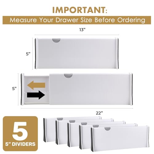 Adjustable Deep Drawer Divider – 5" Tall, Expandable 13-22", 5-Pack, Non-Slip Drawer Dividers for Clothes, Dresser, Kitchen & Office Organization (White)
