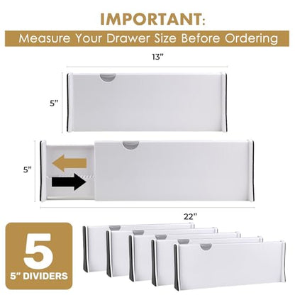 Adjustable Deep Drawer Divider – 5" Tall, Expandable 13-22", 5-Pack, Non-Slip Drawer Dividers for Clothes, Dresser, Kitchen & Office Organization (White)