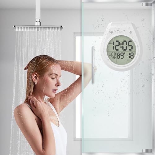 Shower Clock Timer Waterproof, Digital Bathroom Wall Clock with Temperature | w/Date, Suction Cup, for Mirror, Bath, Kitchen, Battery Operated, White