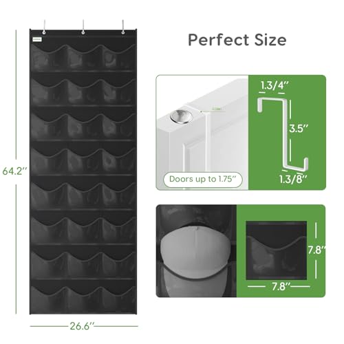 Baseball Hat Rack, 24 Pocket Over-The-Door Hat Organizer with Clear Deep Pockets to Display Baseball Caps Collection, Complete with 3 Over Door Hooks (Black, 24 Pockets)