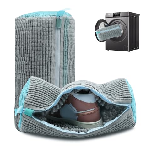 Shoe Washing Machine Bag, Laundry Shoe Bag for Washer and Dryer, Reusable Zipper Plush Sneaker Washing Machine Bag for Shoes, Gym,Tennis Shoes, Sports Delicate Gray 2pc