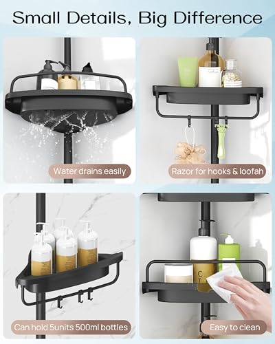 ALLZONE Corner Shower Caddy Tension Pole, Extendable Rustproof Stainless Steel Pole & 4-Tier Adjustable Shelves for Easy Drainage and Built-to-Last Stability, 34 to 116 Inches, Black