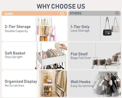 DIMJ Purse Organizer for Closet - Floor-standing Handbag Organizer Rack with 16 Hooks, Purse Storage Shelf Stand for Handbags, Totes, Wallets, Scarves, Bedroom Entryway and Walk-in Closet, White