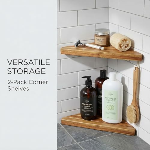 Wooden Corner Shower Shelf Triangular Corner Shelf Wooden Bathroom Shelf for Tiled Wall, 2 Pack Shower Corner Shelf, No Drilling Requied