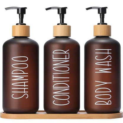 Amber Shower Dispenser Set | Contains 3 PET Plastic Bottles, Shampoo and Conditioner Dispenser for Shower, Perfect for Modern Bathroom Decor