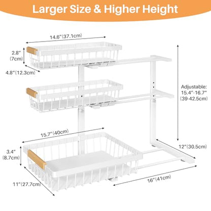 PXRACK Under Sink Organizer, 2-Pack 3-Tier Height Adjustable Thickened Metal Pull out Cabinet Organizer Shelf, Slide out Storage Drawer Rack for Bathroom Kitchen Pantry Home Organization, White