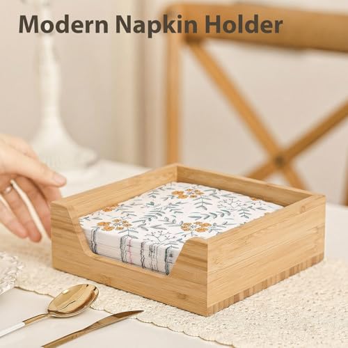 Bamboo Napkin Holder, 7.36" x 7.36" x 2.16" Napkin Holder | Napkin Dispenser with Large Side Opening for Easy Access, Large Storage Square Napkin Dispenser, Home Kitchen Tabletop Decor