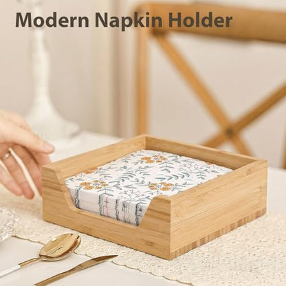 Bamboo Napkin Holder, 7.36" x 7.36" x 2.16" Napkin Holder | Napkin Dispenser with Large Side Opening for Easy Access, Large Storage Square Napkin Dispenser, Home Kitchen Tabletop Decor
