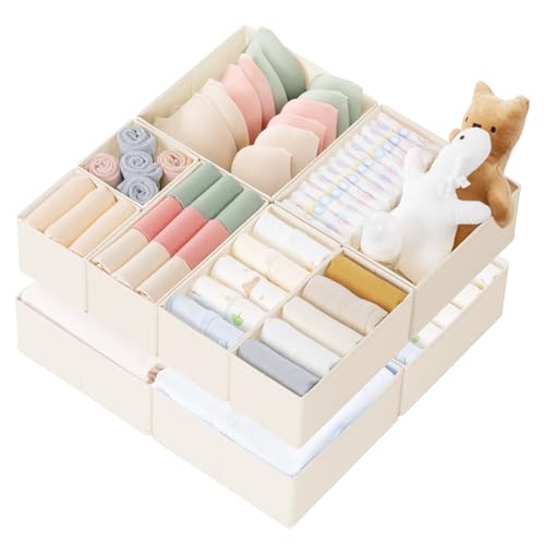 Drawer Organizer Clothes, 10 Pack Dresser Organizer for Baby Clothes, Underwear, Sock- Foldable Closet Organization and Storage Dividers Bins for Nursery, Bedroom (Beige)