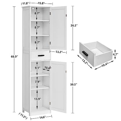 WEENFON Tall Bathroom Cabinet, Storage Cabinet with 6 Shelves & Drawer, Bathroom Storage Cabinet with Adjustable Shelves, Tall Cabinet for Living Room, Home Office, White