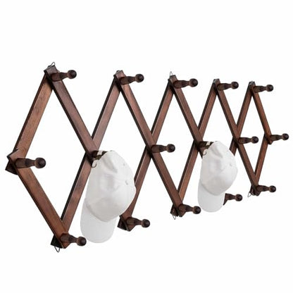 Hat Rack for Wall, Expandable Wall Hat Holder with 16 Hooks, 16 inch Wooden Wall Hook for Baseball Caps,Cowboy, Bag,Hoodie(Brown)