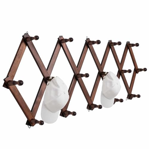 SCUNDA Hat Rack for Wall, Expandable Wall Hat Holder with 16 Hooks, 16 inch Wooden Wall Hook for Baseball Caps,Cowboy, Bag,Hoodie(Brown)