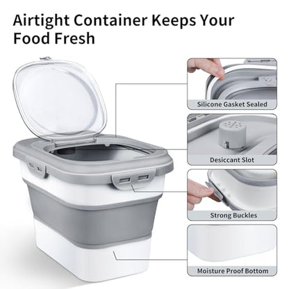 Rice Storage Container, Collapsible Airtight Food Storage Containers 6-20 Lbs, Rice Dispenser with Measuring Cup and Small Bin for Flour Cereal Pasta Grain, Cat Pet Dog Bird Food Container
