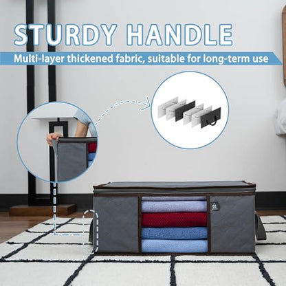 VENO 3 Pack Medium Clothes Storage Bag with Reinforced Handle 9.5 Gallon | Thick Container Bins Organizer for Blankets, Comforters, Bedding, Foldable w/ Sturdy Zipper, Clear Window, Grey(9.5 Gallon)