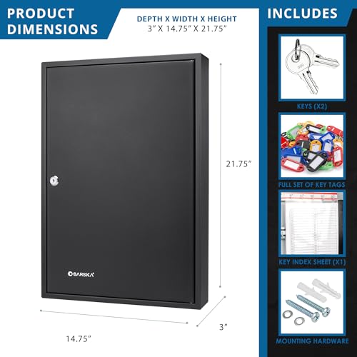 Barska 100-Position Key Lock Box – Solid Steel Key Cabinet with Adjustable Numbered Hooks, Key Log Sheet, Color Tags & Index Chart – Wall-Mount Organizer, Black Finish Key Organizer Keybox