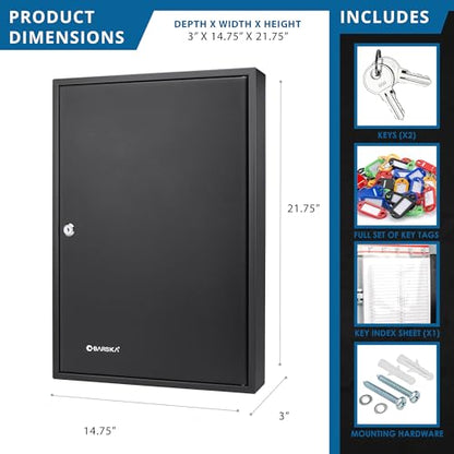 Barska 100-Position Key Lock Box – Solid Steel Key Cabinet with Adjustable Numbered Hooks, Key Log Sheet, Color Tags & Index Chart – Wall-Mount Organizer, Black Finish Key Organizer Keybox