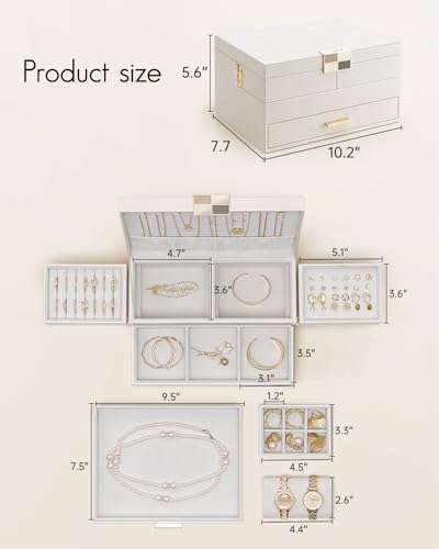 VLANDO 3 Layer Jewelry Box - Women Jewelry Box with Retractable Tray - Jewelry Organizers with Drawer for Necklaces, Rings, Bracelets, Earrings, Valentines Gift for Mom Girls - Cloud White