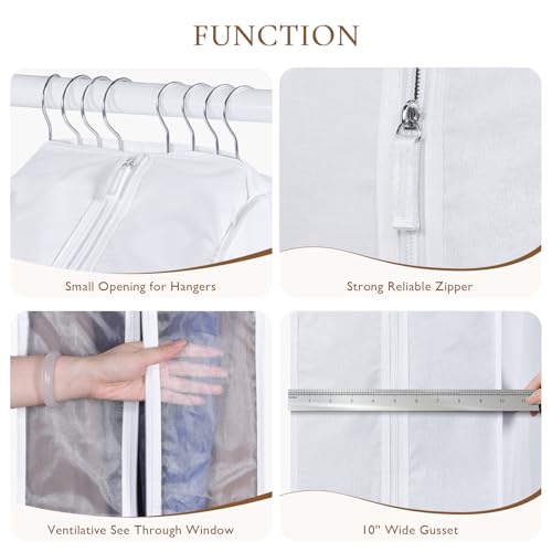 Univivi 40 Inch Cotton Garment Bags for Hanging Clothes 2 Pack, White | Breathable Cotton Fabric, Strong Zipper, Organza Window, 10in Wide Gusset Fits 6 Hangers, Perfect for Suits, Coats, Jackets
