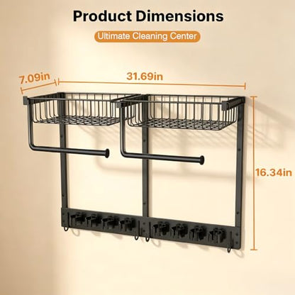 Broom Holder Wall Mount, Broom and Mop Organizer Wall Hanging with Paper Towel Holder & Removable Anti-fall Basket, Wall Mount Cleaning Supplies Organizer for Laundry Room, Apartment, Utility Room