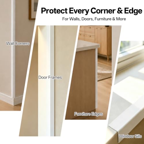 2 Pack White PVC Self-Adhesive Wall Corner Guards, 39.37in Edge Protectors | Tool-Free 5-Min Install: Peel-and-stick corner guards protect wall corners & furniture edges with scratch resistance.