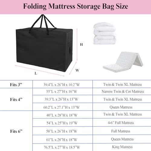Folding Mattress Storage Bag for Tri-Fold Up to 6 inch Queen Mattress | 63 inch Foldable Mattress Carry Case Waterproof Cushion Storage Bag - 61"L×28"W×18"H, Black, Cover Only