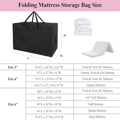Folding Mattress Storage Bag for Tri-Fold Up to 6 inch Queen Mattress | 63 inch Foldable Mattress Carry Case Waterproof Cushion Storage Bag - 61"L×28"W×18"H, Black, Cover Only