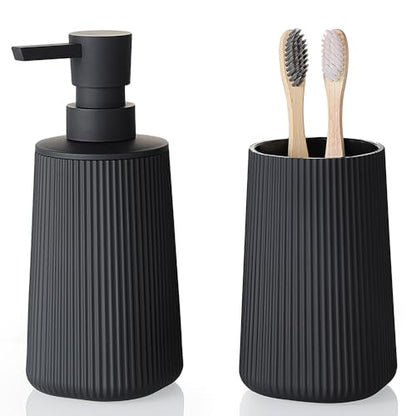 Bathroom Soap Dispenser and Toothbrush Holder Striped Black | Bathroom Accessories Set 2 Piece for Bathroom Countertop Storage and Decor