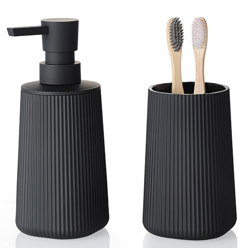 YAUKPH Bathroom Soap Dispenser and Toothbrush Holder Striped Black | Bathroom Accessories Set 2 Piece for Bathroom Countertop Storage and Decor