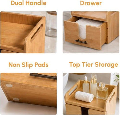 Vespara Bamboo Disposable Face Towel Holder with Drawer 2 Glass Jars, Facial Towel Holder for Vanity Organizer, Skincare Organizer for Clean Skin Club Face Towels Dry Wipes Cleansing Bathroom Counter