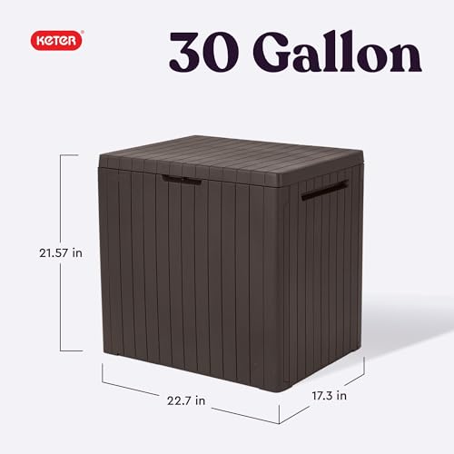 Keter City 30 Gallon Resin Outdoor Storage Box and Patio Furniture Side Table for Pool and Garden Accessories, Brown | Brown, Resin, Compact, Weatherproof, Lockable, Easy Assembly, Organization, Pool Accessories Storage