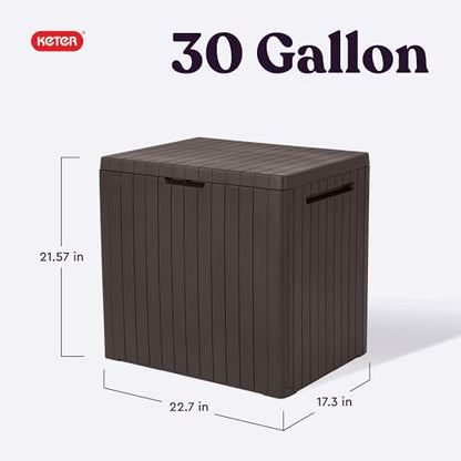Keter City 30 Gallon Resin Outdoor Storage Box and Patio Furniture Side Table for Pool and Garden Accessories, Brown | Brown, Resin, Compact, Weatherproof, Lockable, Easy Assembly, Organization, Pool Accessories Storage
