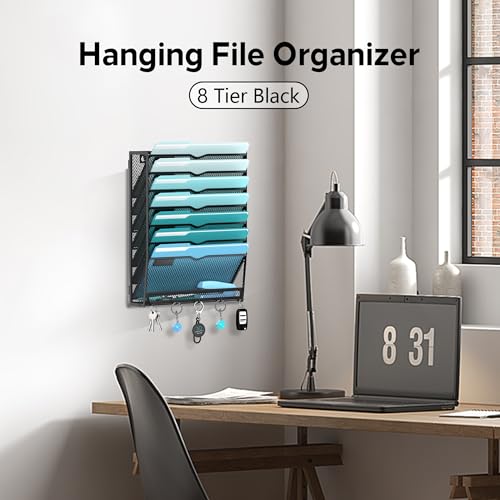 8-Tier Wall File Organizer and Mail Organizer with 5 Hooks, Black | Label slots, curved openings, 5 key hooks, and a bottom tray support organized mail, file, and everyday item storage.