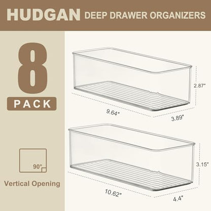 Hudgan 8 Pack Clear Plastic Drawer Organizers Set, Stackable Deep Drawer Organizer for Makeup Vanity and Desk, 2 Sizes Tall Bathroom Drawer Organizer