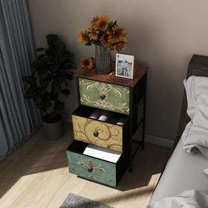 Small Dresser for Bedroom with Retro Flower Narrow Drawers Slim Chest of Drawers Skinny Nightstand Sofa End Table for Living Room Entryway Closet Storage (Multi, 3 Drawers)