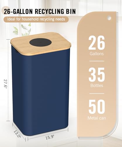 Magicheap 26 Gallon (100L) Recycling Bins for Kitchen with Bamboo lid, Blue | with 2pcs Removeable and Reusable Inner Bags, Oxford Fabric, Recycle Trash Bin for Indoor Bottle Can Glass Plastice