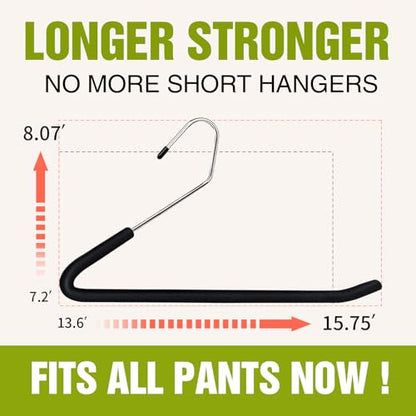Foam Padded Non Slip Women Men Slacks Trouser Pants Hangers Black Long 10 | No Crease, Rubber Grip, Thick Sponge Felt Coated Covered, Coat Dress Suit Clothes, Chrome Heavy Duty, Space Saving Open Ended