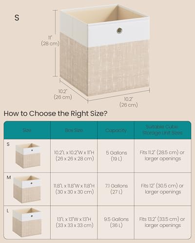 SONGMICS Storage Cubes, Set of 6 Foldable Fabric Storage Boxes, Cube Organizer Boxes with Handles, for Closet Shelves, Odorless, 10.2 x 10.2 x 11 Inches, Cloud White and Sand Beige URFB426LF02